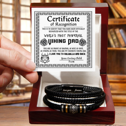 World’s Most Powerful Viking Dad Bracelet – Personalized Certificate Gift from Your Loving Child – Brave, Wise, Strong Norse Mythology Father’s Day Gift Idea – Black Braided Leather Bracelet for Dad - Mallard Moon Gift Shop