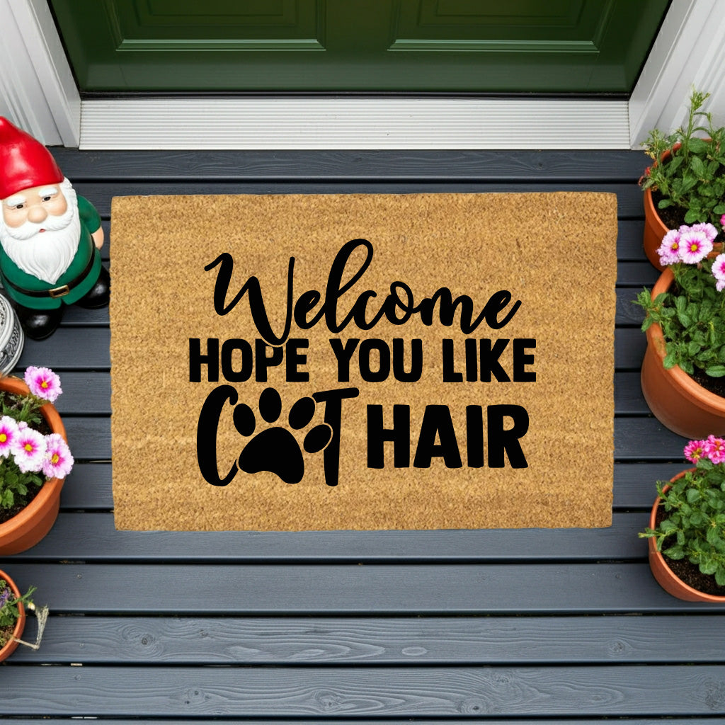 Funny Cat Lover Doormat – “Welcome Hope You Like Cat Hair” | Coir Welcome Mat with Paw Print | Gift for Cat Owners, Pet Homes & Crazy Cat Moms - Mallard Moon