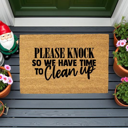 Funny “Please Knock So We Have Time to Clean Up” Doormat | Relatable Coir Welcome Mat for Families | Real-Life Humor Front Porch Décor - Mallard Moon