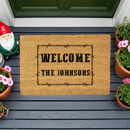 Personalized Western Welcome Doormat with Barbed Wire Frame – Custom Family Name Ranch-Style Outdoor Entrance Mat