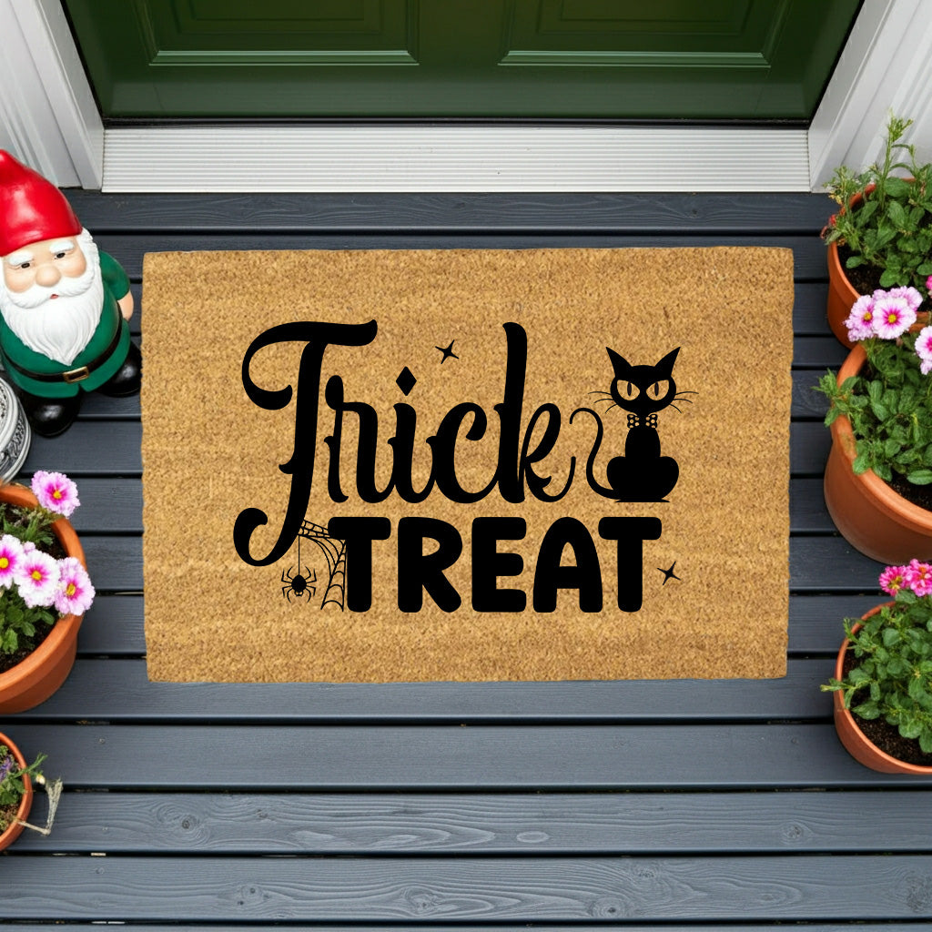 Trick or Treat Coir Doormat – Cute Black Cat Halloween Welcome Mat | Spooky Front Porch Decor | Rustic Fall Entryway Rug - Mallard Moon