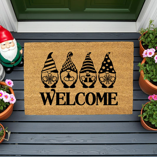 Christmas Gnome “Welcome” Doormat | Festive Holiday Coir Mat with Winter Gnomes | Cute Scandinavian Front Porch Décor - Mallard Moon