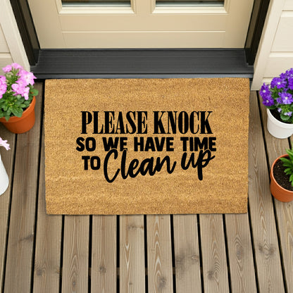 Funny “Please Knock So We Have Time to Clean Up” Doormat | Relatable Coir Welcome Mat for Families | Real-Life Humor Front Porch Décor - Mallard Moon