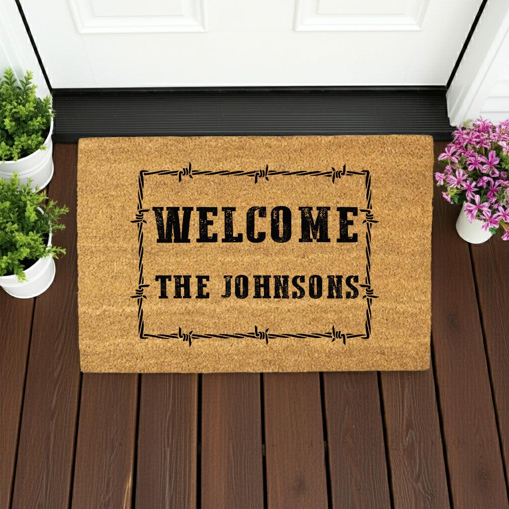 Personalized Western Welcome Doormat with Barbed Wire Frame – Custom Family Name Ranch-Style Outdoor Entrance Mat