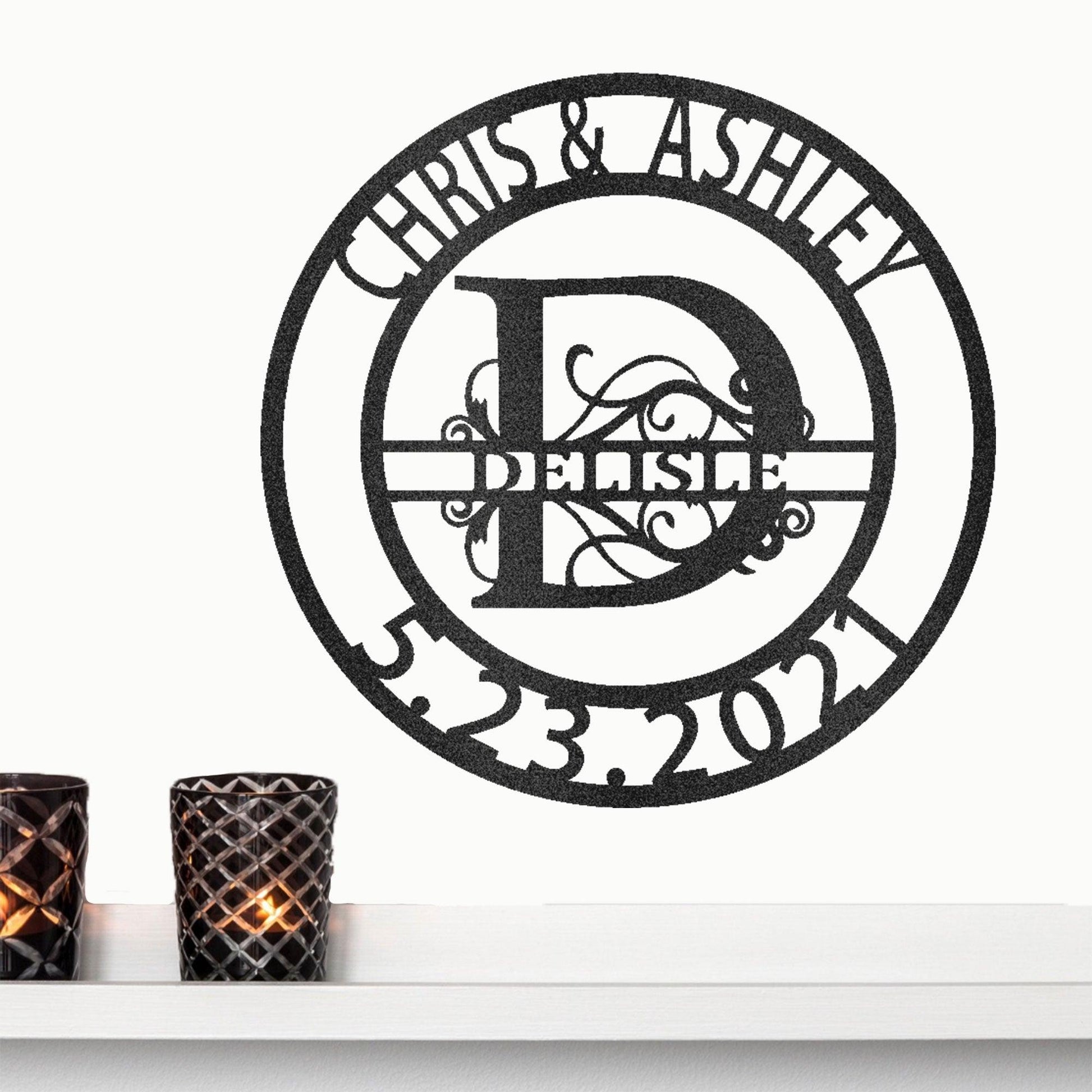 Personalized Elaborate Split Letter Name Initial Indoor Outdoor Steel Wall Sign Metal Art - Mallard Moon Gift Shop