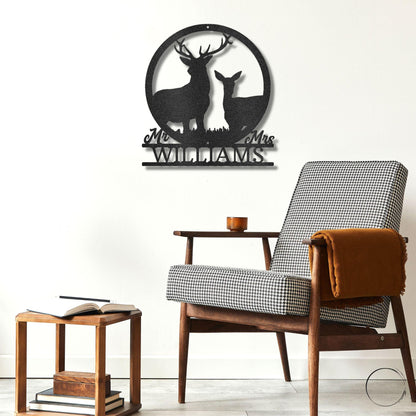 Deer Stag and Doe Mr and Mrs Custom Name Metal Art Wall Sign - Mallard Moon Gift Shop