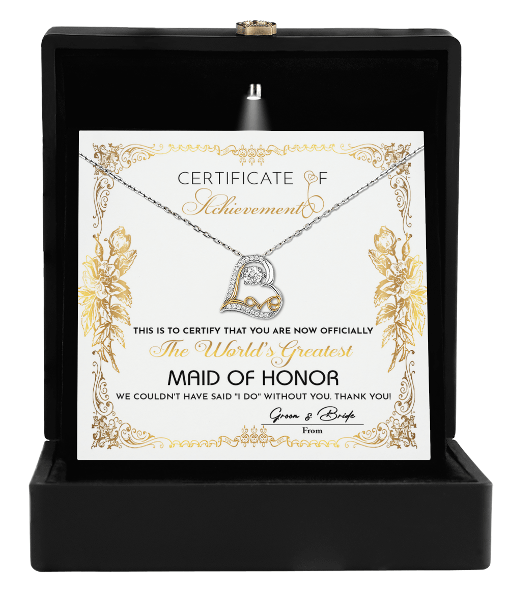 Maid Of Honor Wedding Day Gift - Certificate Of Achievement - Love Dancing Heart Pendant Necklace - Mallard Moon Gift Shop