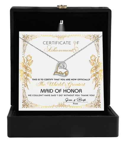 Maid Of Honor Wedding Day Gift - Certificate Of Achievement - Love Dancing Heart Pendant Necklace - Mallard Moon Gift Shop