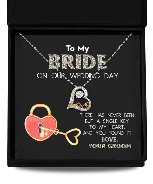To My Bride on Our Wedding Day - You Have the Single Key to My Heart Love Dancing Heart Pendant Necklace - Mallard Moon Gift Shop
