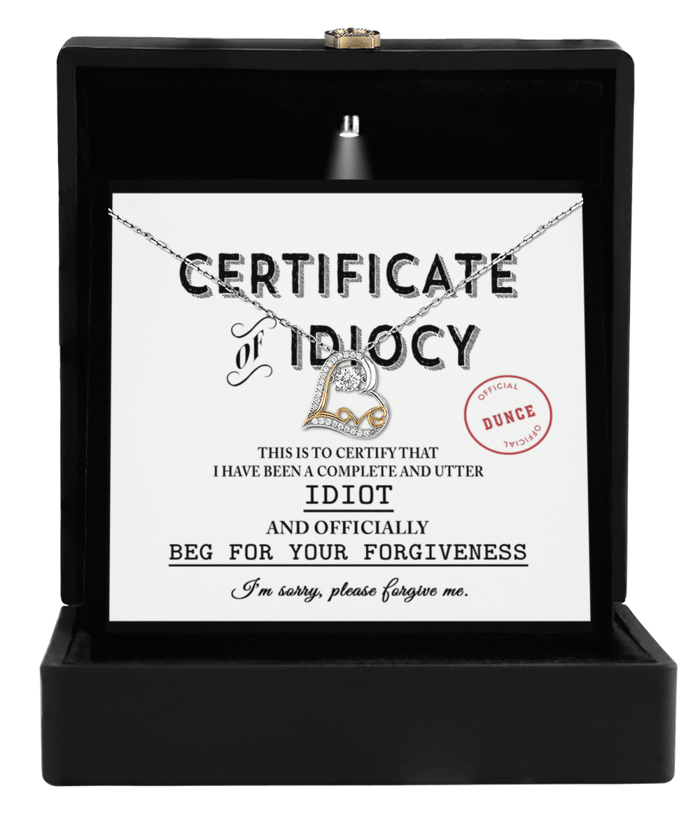 Apology Gift for Girlfriend, Wife, Soulmate - Sorry, Certificate Of Idiocy - Love Dancing Heart Pendant Necklace - Mallard Moon Gift Shop