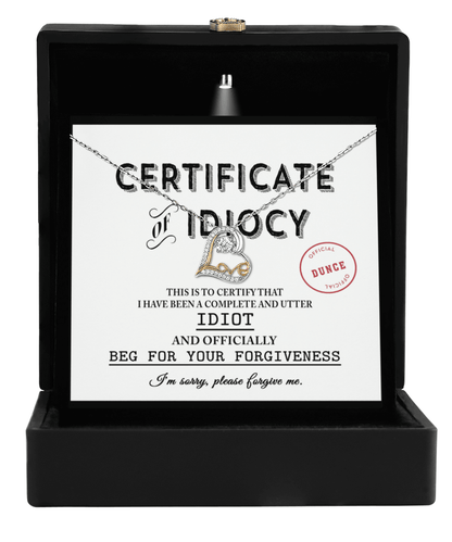 Apology Gift for Girlfriend, Wife, Soulmate - Sorry, Certificate Of Idiocy - Love Dancing Heart Pendant Necklace - Mallard Moon Gift Shop