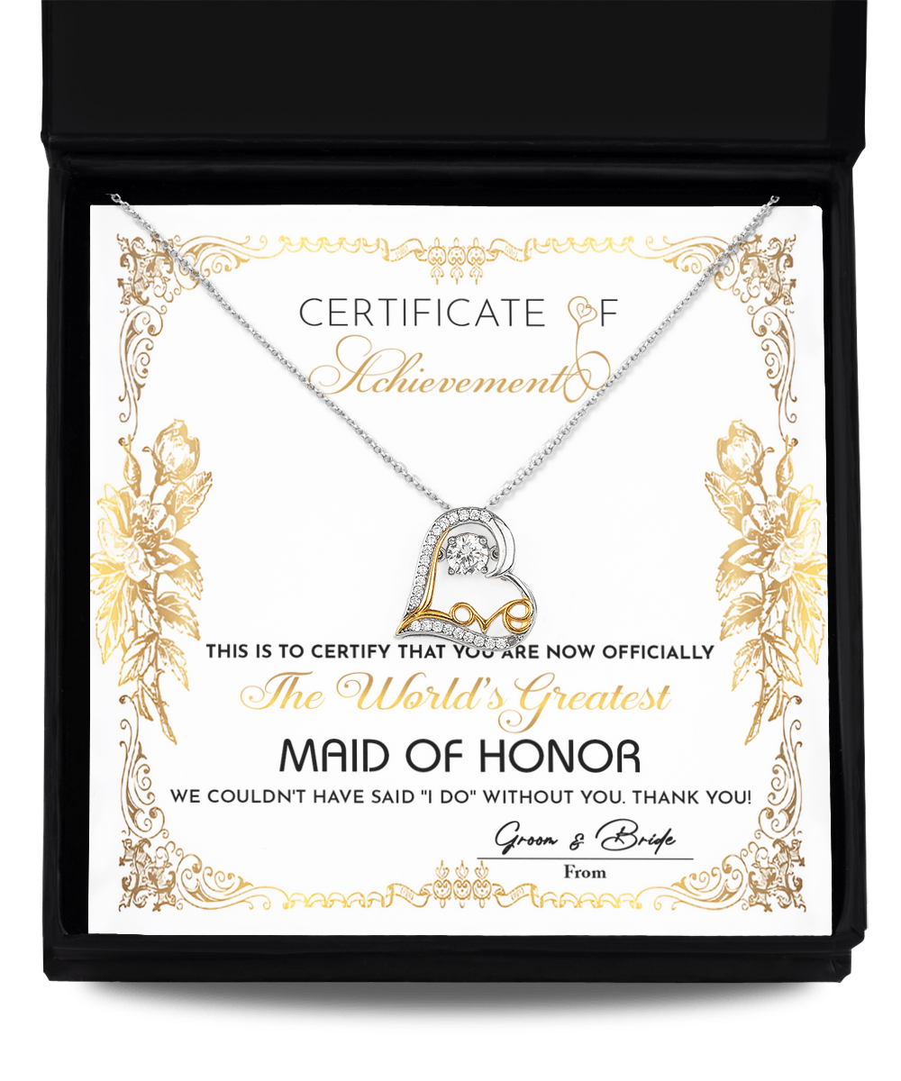 Maid Of Honor Wedding Day Gift - Certificate Of Achievement - Love Dancing Heart Pendant Necklace - Mallard Moon Gift Shop