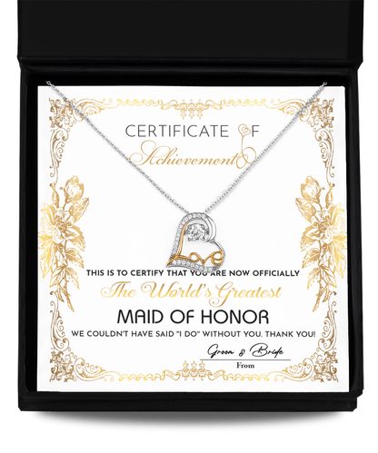 Maid Of Honor Wedding Day Gift - Certificate Of Achievement - Love Dancing Heart Pendant Necklace - Mallard Moon Gift Shop