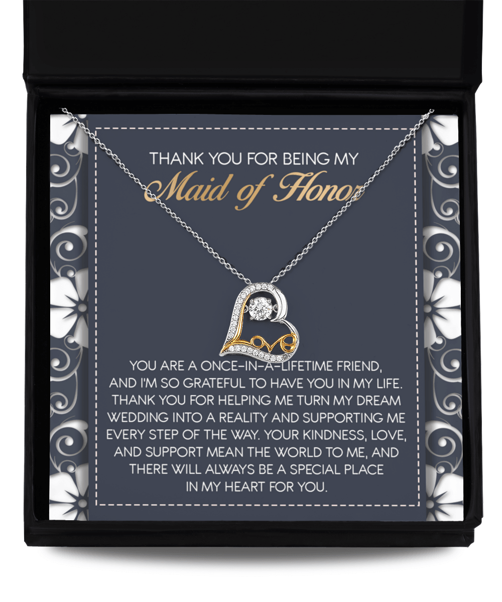 Maid of Honor Wedding Day Gift - You Mean the World To Me, Thanks - Love Dancing Heart Pendant Necklace - Mallard Moon Gift Shop