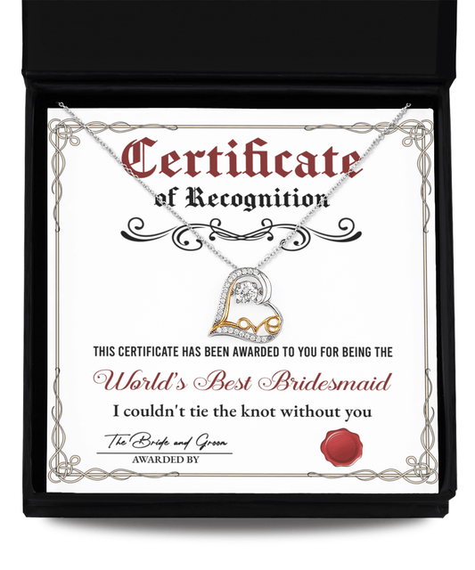 Bridesmaid Gift - Certificate Of Recognition Love Dancing Heart Pendant Necklace - Mallard Moon Gift Shop