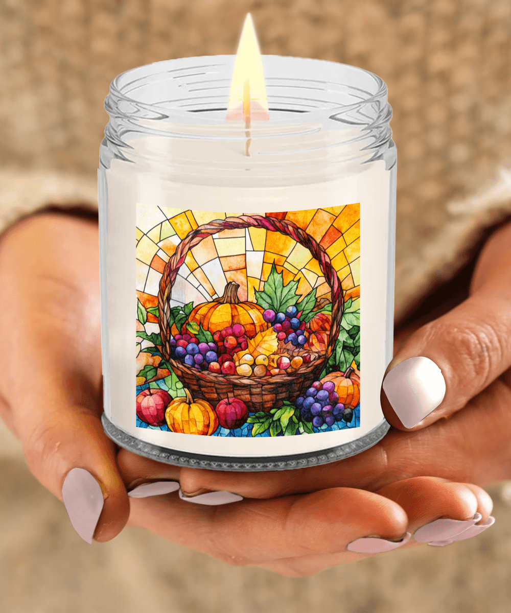 Bountiful Fall Fruit Basket - Stained Glass Soy Scented Container Jar Candle - Mallard Moon Gift Shop