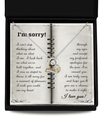 Apology Gift for Girlfriend, Wife, Soulmate - Sorry, What An Idiot - Love Dancing Heart Pendant Necklace - Mallard Moon Gift Shop