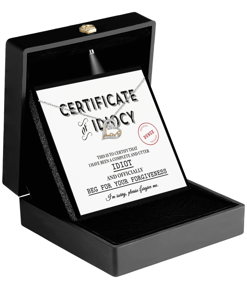 Apology Gift for Girlfriend, Wife, Soulmate - Sorry, Certificate Of Idiocy - Love Dancing Heart Pendant Necklace - Mallard Moon Gift Shop