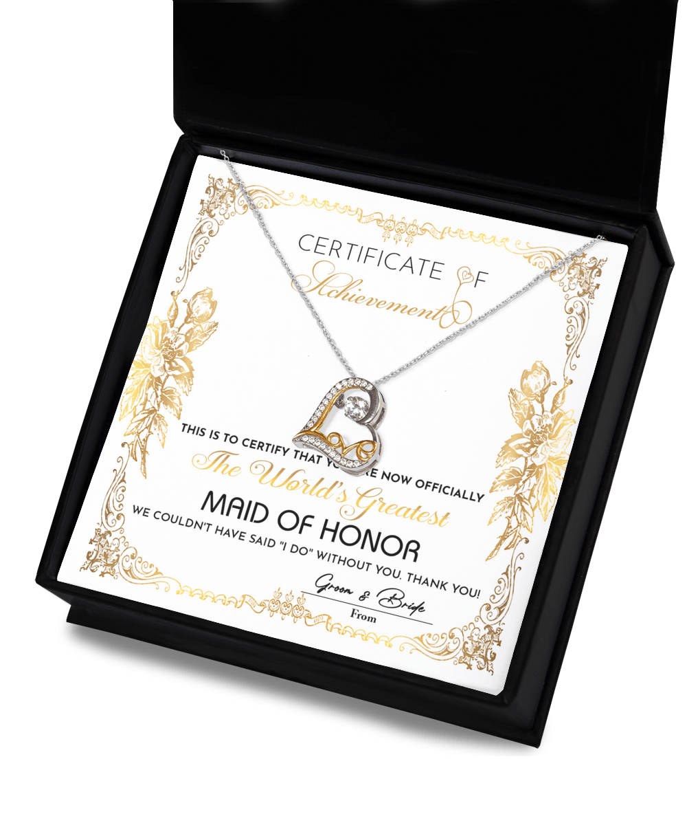 Maid Of Honor Wedding Day Gift - Certificate Of Achievement - Love Dancing Heart Pendant Necklace - Mallard Moon Gift Shop