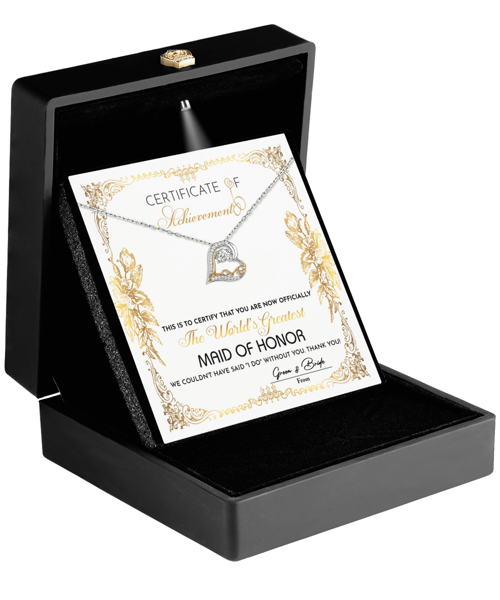 Maid Of Honor Wedding Day Gift - Certificate Of Achievement - Love Dancing Heart Pendant Necklace - Mallard Moon Gift Shop