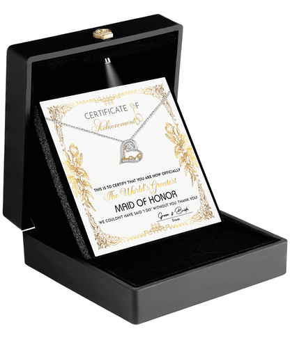 Maid Of Honor Wedding Day Gift - Certificate Of Achievement - Love Dancing Heart Pendant Necklace - Mallard Moon Gift Shop