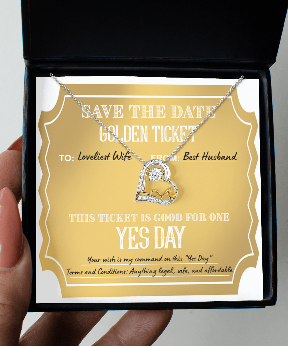 Wife Wedding Day Gift - Golden Ticket - Love Dancing Heart Pendant Necklace - Mallard Moon Gift Shop