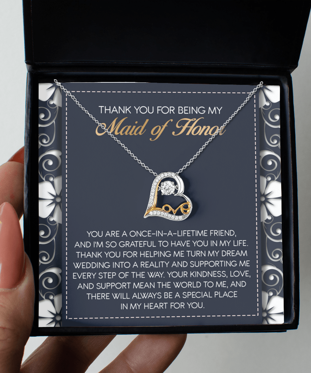 Maid of Honor Wedding Day Gift - You Mean the World To Me, Thanks - Love Dancing Heart Pendant Necklace - Mallard Moon Gift Shop