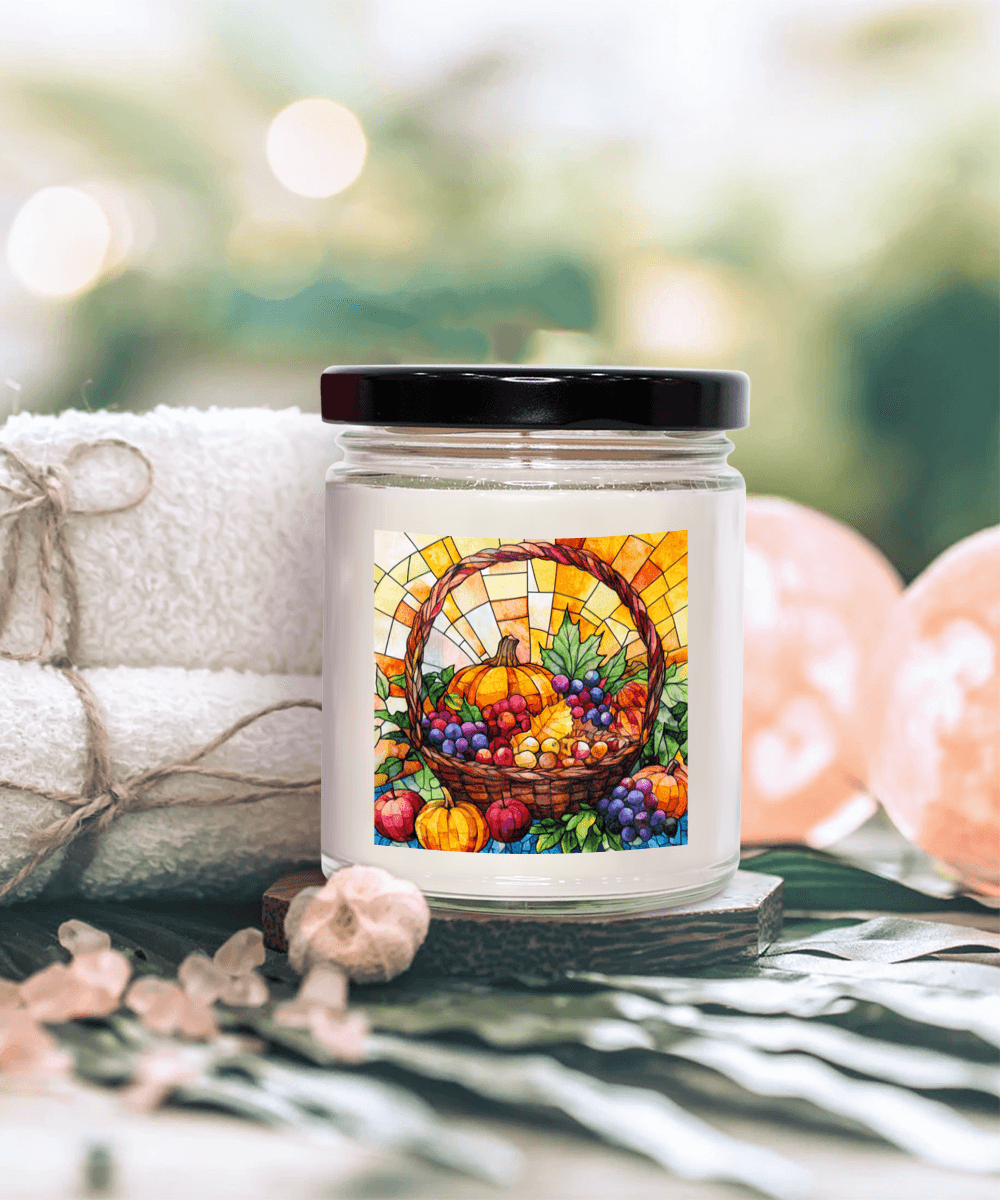 Bountiful Fall Fruit Basket - Stained Glass Soy Scented Container Jar Candle - Mallard Moon Gift Shop