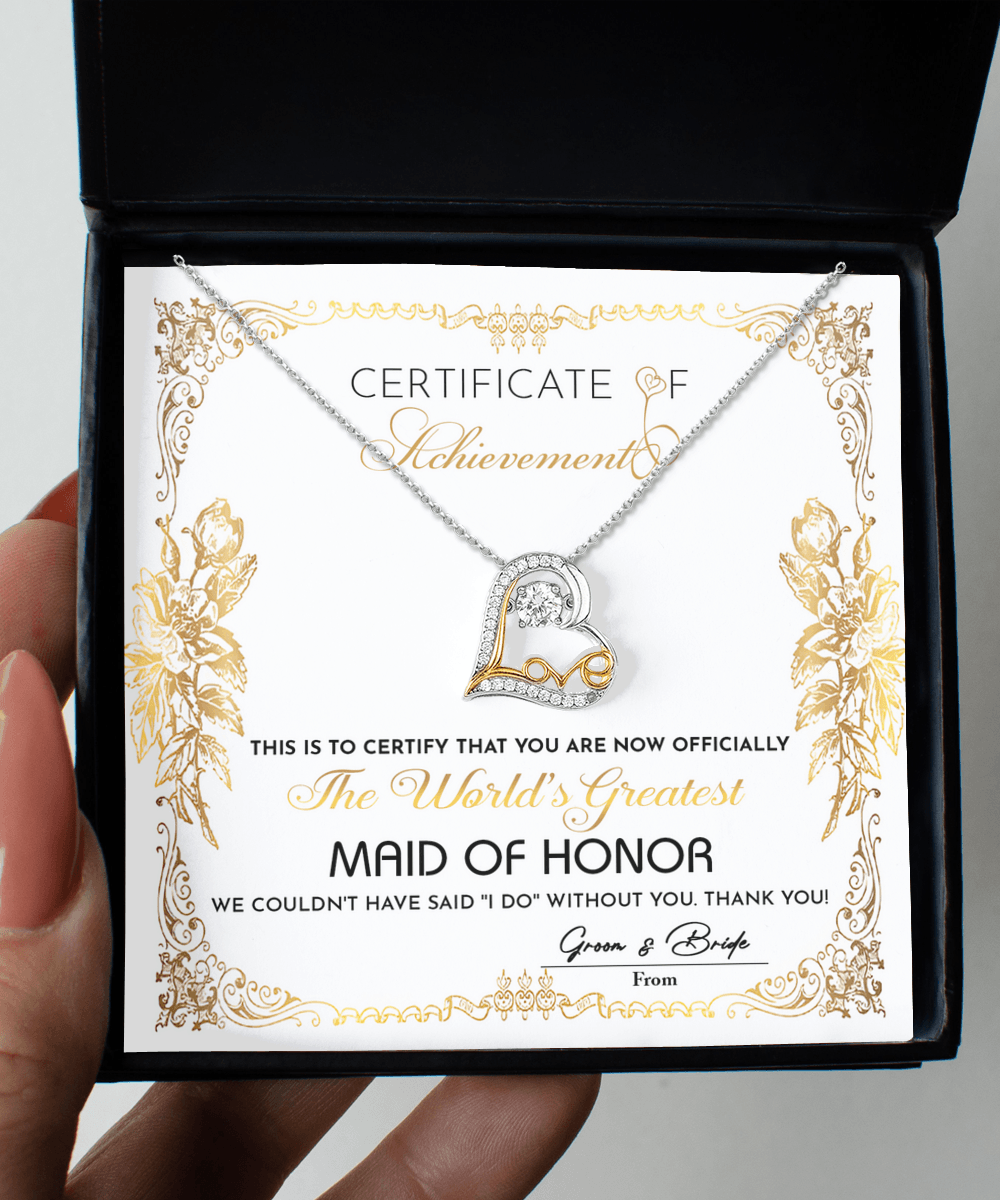 Maid Of Honor Wedding Day Gift - Certificate Of Achievement - Love Dancing Heart Pendant Necklace - Mallard Moon Gift Shop