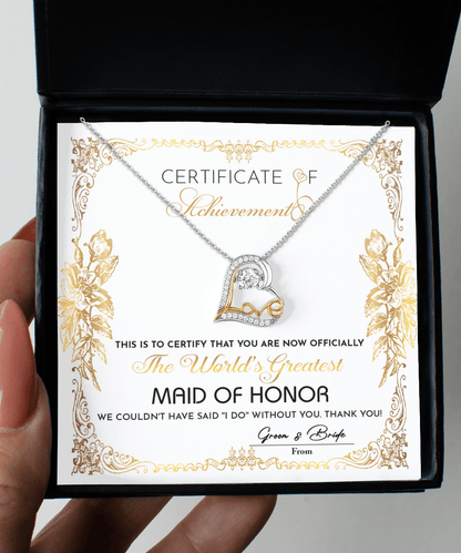 Maid Of Honor Wedding Day Gift - Certificate Of Achievement - Love Dancing Heart Pendant Necklace - Mallard Moon Gift Shop