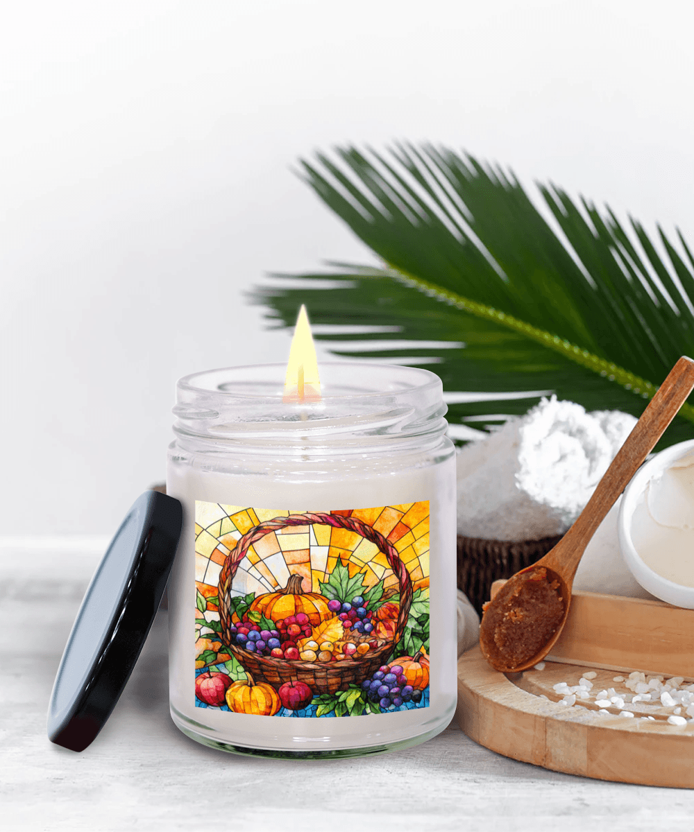 Bountiful Fall Fruit Basket - Stained Glass Soy Scented Container Jar Candle - Mallard Moon Gift Shop