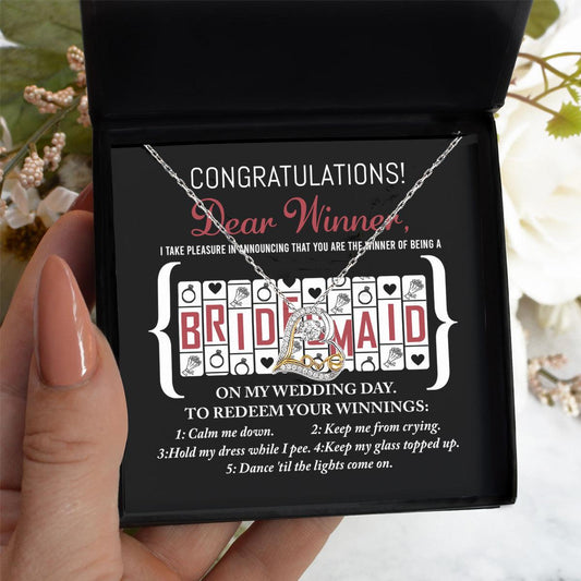 Bridesmaid Wedding Proposal Gift - The Winner Of Being My Bridesmaid - Love Dancing Heart Pendant Necklace - Mallard Moon Gift Shop