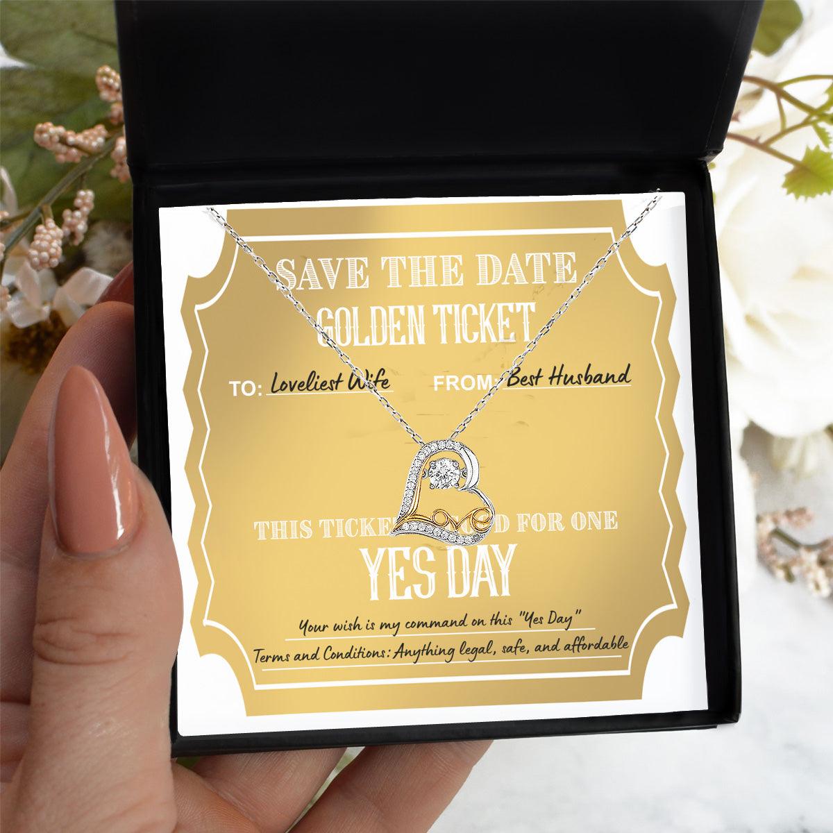 Wife Wedding Day Gift - Golden Ticket - Love Dancing Heart Pendant Necklace - Mallard Moon Gift Shop