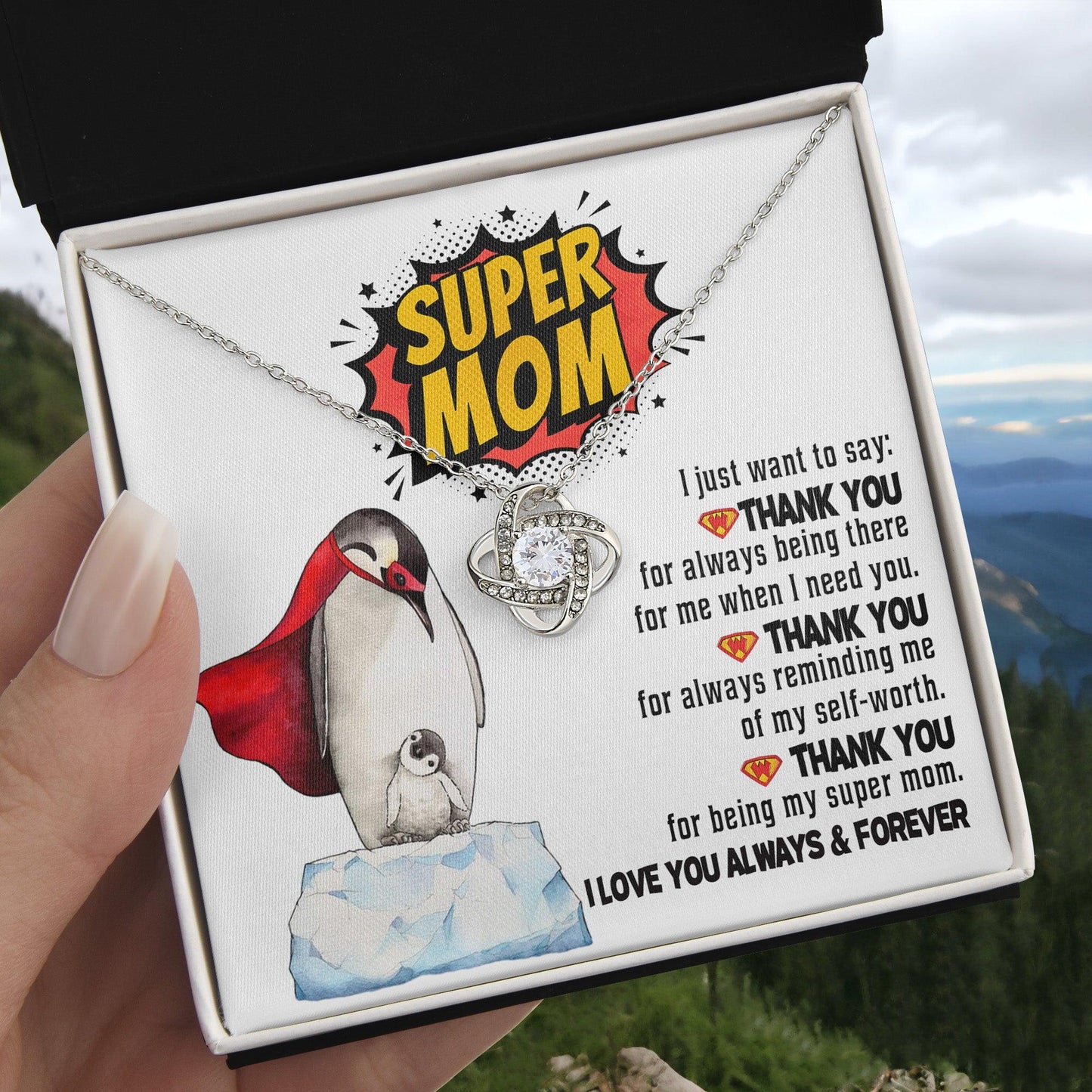 Mom -Thank You for Being My Super Mom Love Knot Necklace Mother's Day, Birthday Gift for Mom - Mallard Moon Gift Shop