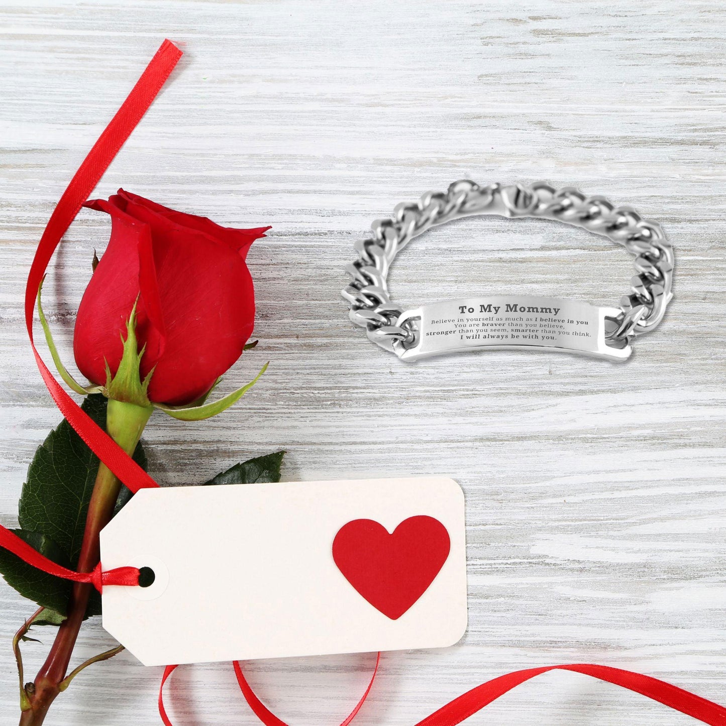 Mommy Cuban Chain Stainless Steel Engraved Bracelet- You are braver than you believe, stronger than you seem, Inspirational Birthday Christmas Mother's Day Gifts - Mallard Moon Gift Shop