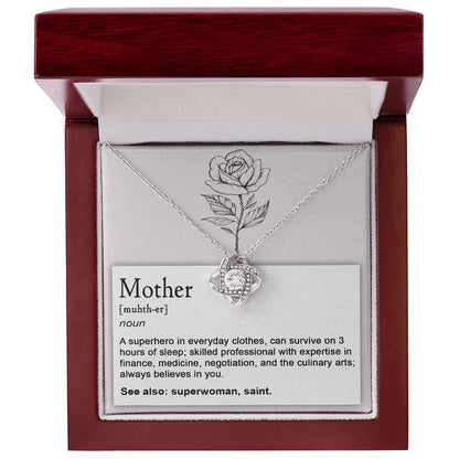Mother, Definition - Superhero, Saint Love Knot Necklace Mother's Day, Birthday Gift for Mom - Mallard Moon Gift Shop
