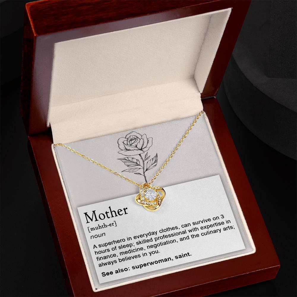 Mother, Definition - Superhero, Saint Love Knot Necklace Mother's Day, Birthday Gift for Mom - Mallard Moon Gift Shop
