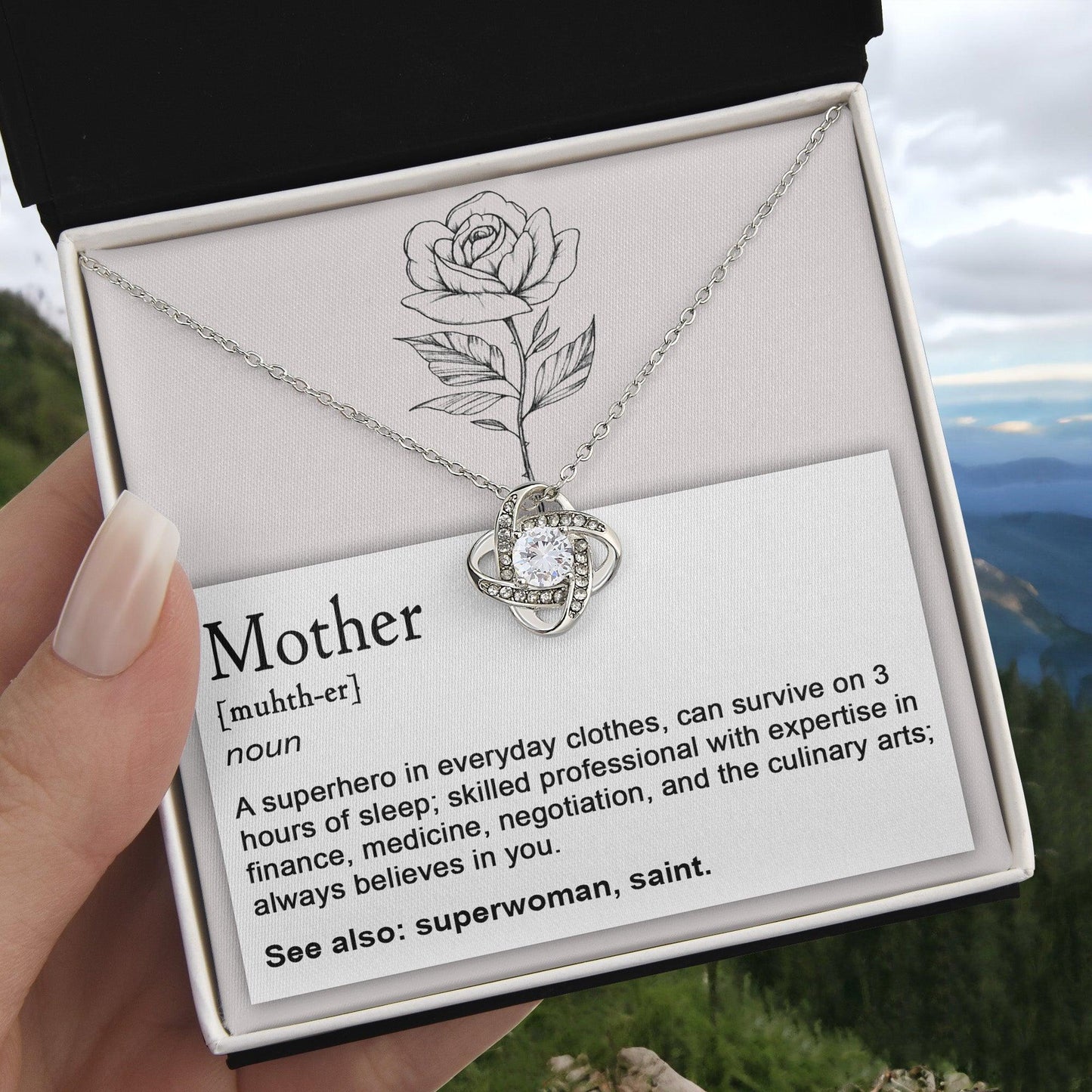 Mother, Definition - Superhero, Saint Love Knot Necklace Mother's Day, Birthday Gift for Mom - Mallard Moon Gift Shop