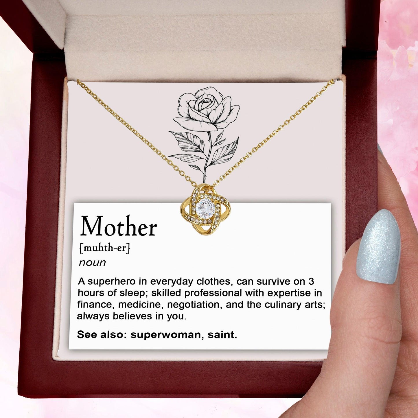 Mother, Definition - Superhero, Saint Love Knot Necklace Mother's Day, Birthday Gift for Mom - Mallard Moon Gift Shop
