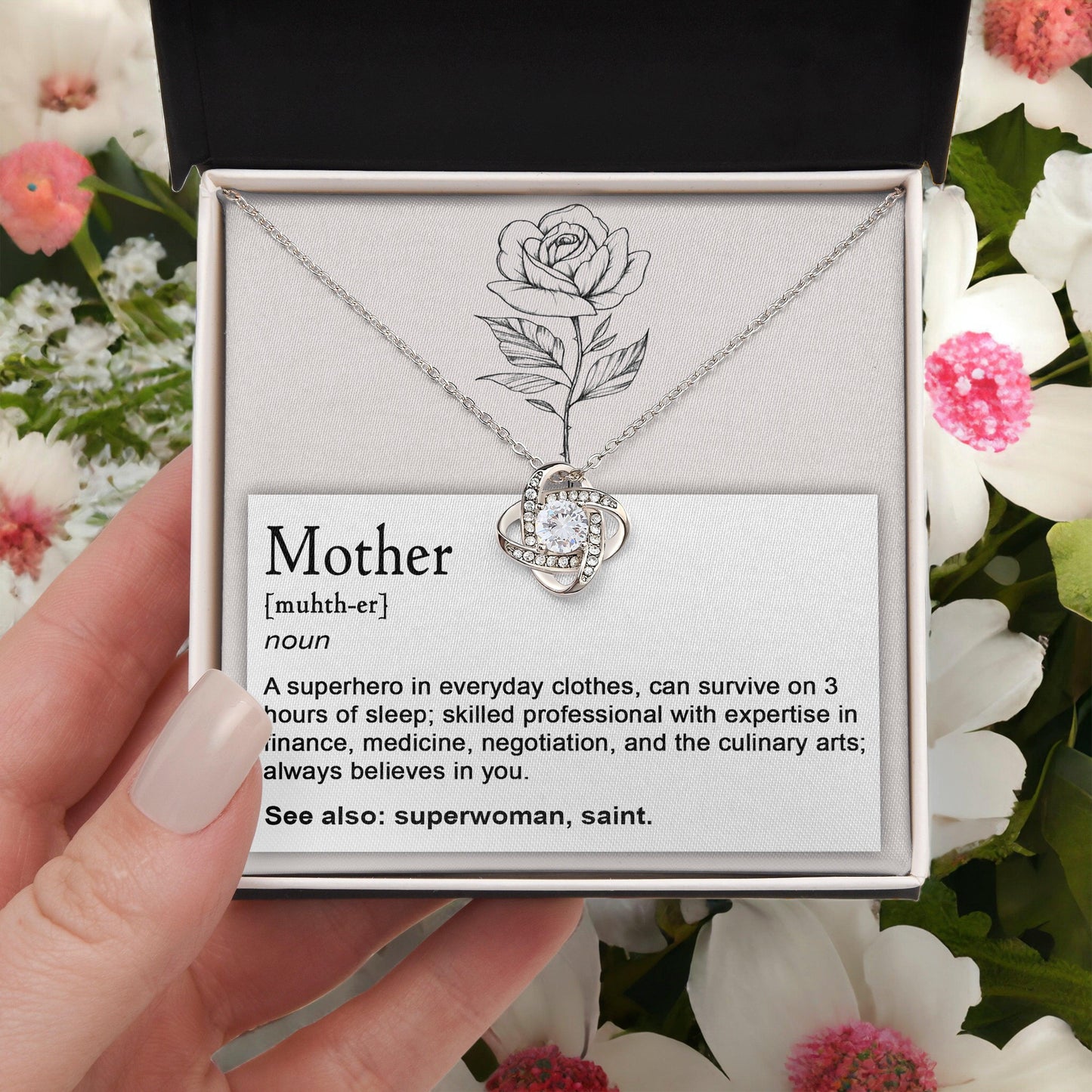 Mother, Definition - Superhero, Saint Love Knot Necklace Mother's Day, Birthday Gift for Mom - Mallard Moon Gift Shop