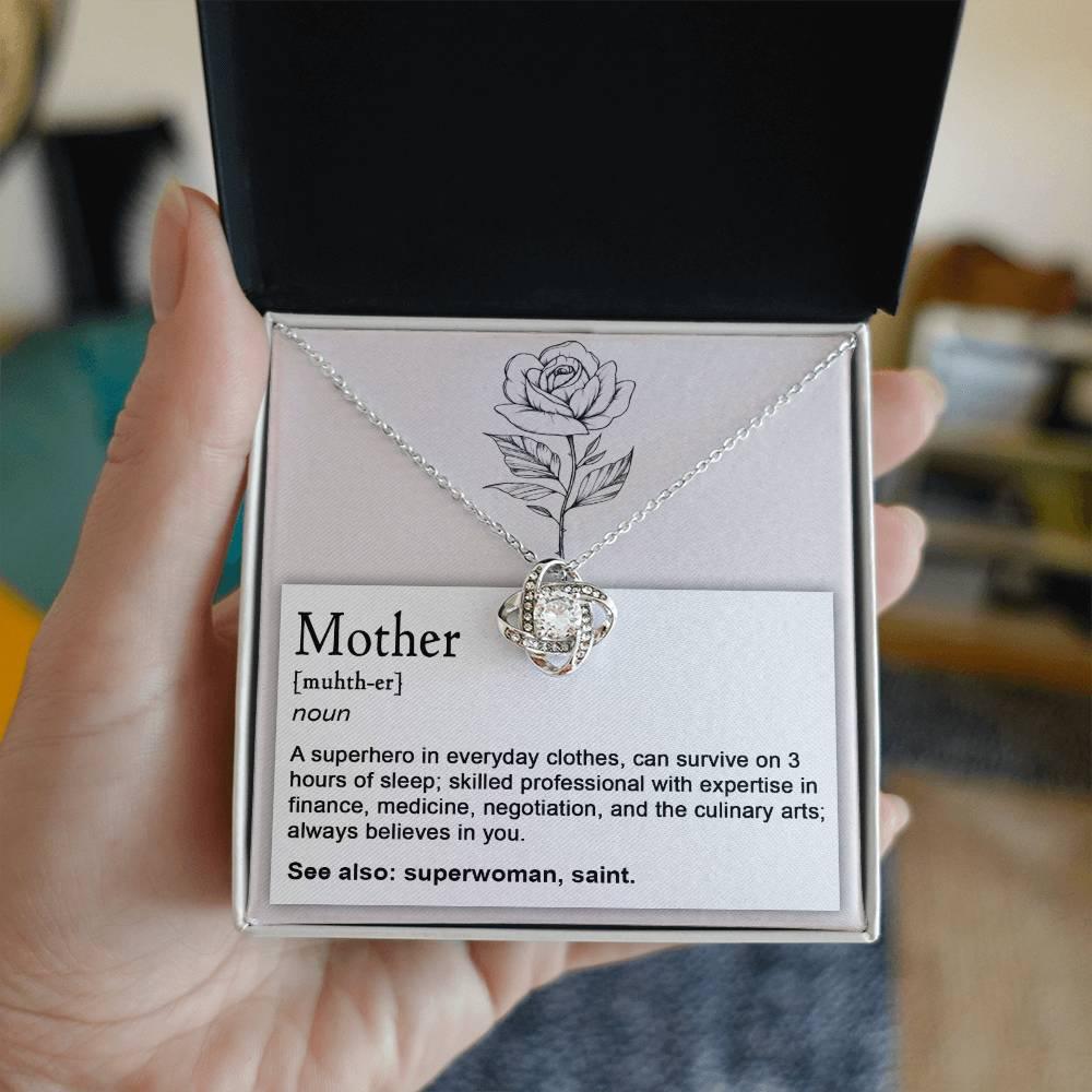 Mother, Definition - Superhero, Saint Love Knot Necklace Mother's Day, Birthday Gift for Mom - Mallard Moon Gift Shop