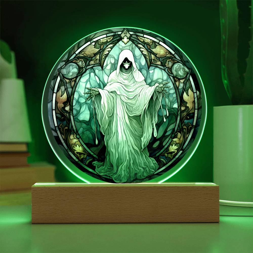 Mystical Spirit Halloween Stained Glass Acrylic Plaque with LED Lighted Wood Base - Mallard Moon Gift Shop