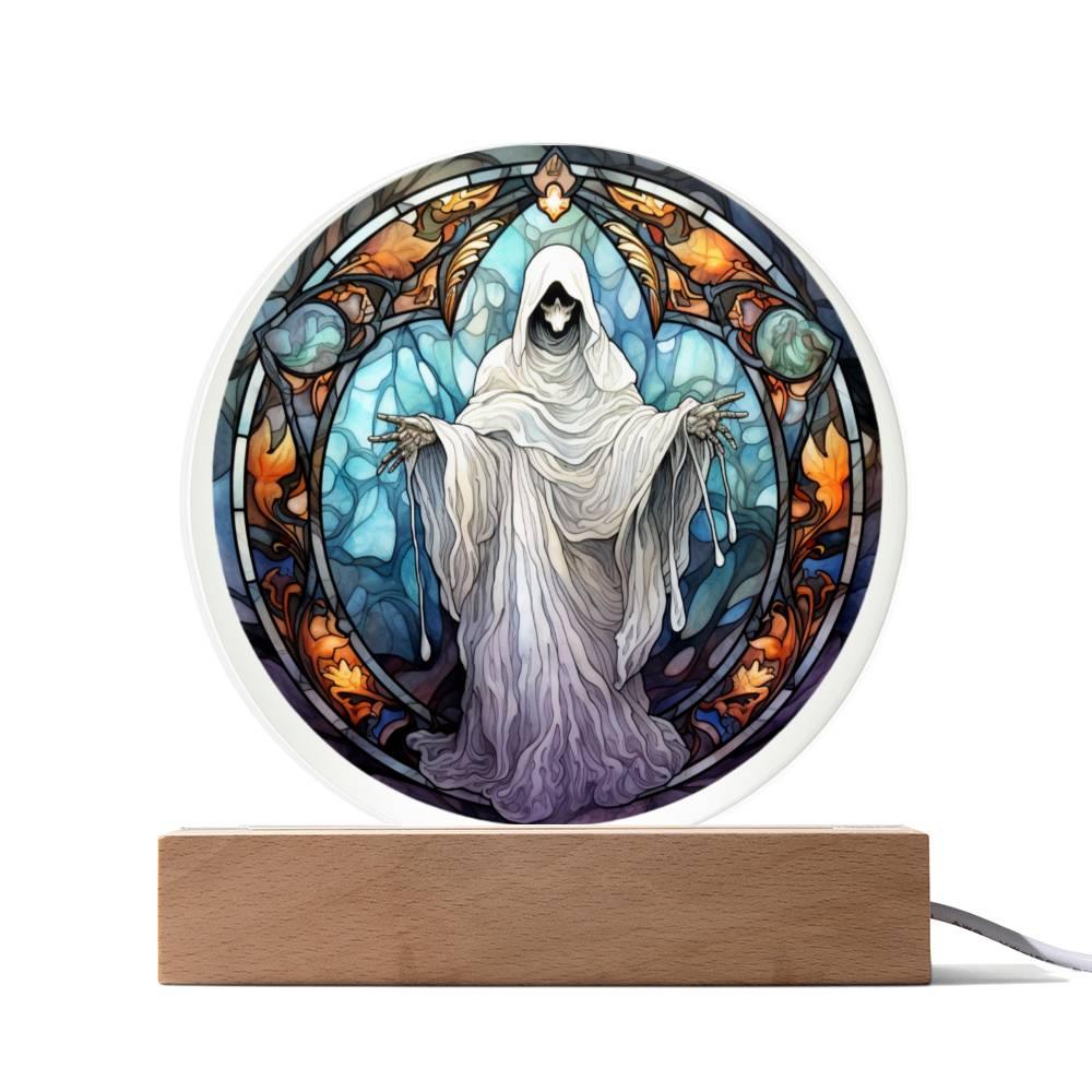 Mystical Spirit Halloween Stained Glass Acrylic Plaque with LED Lighted Wood Base - Mallard Moon Gift Shop