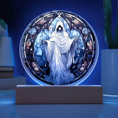 Mystical Spirit Halloween Stained Glass Acrylic Plaque with LED Lighted Wood Base - Mallard Moon Gift Shop