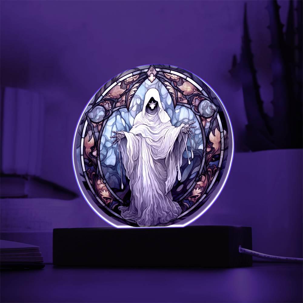 Mystical Spirit Halloween Stained Glass Acrylic Plaque with LED Lighted Wood Base - Mallard Moon Gift Shop