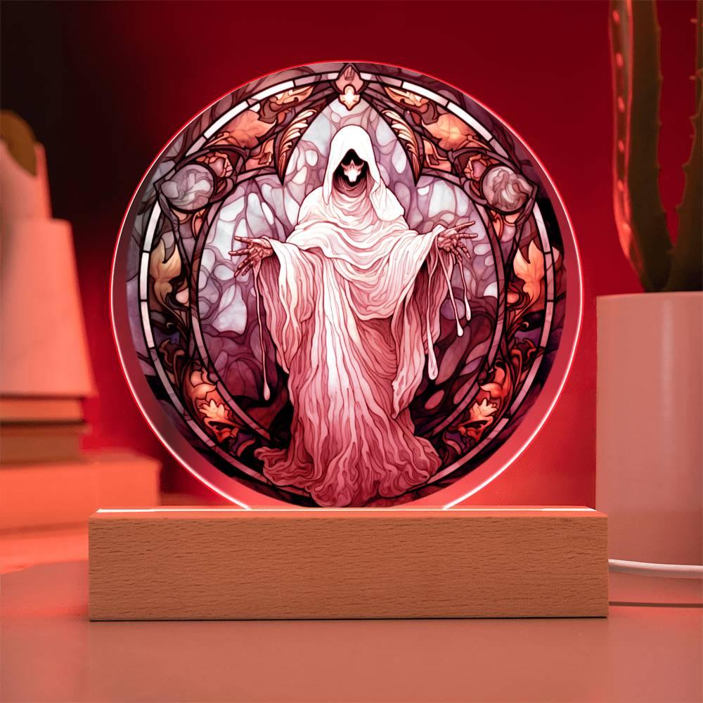 Mystical Spirit Halloween Stained Glass Acrylic Plaque with LED Lighted Wood Base - Mallard Moon Gift Shop