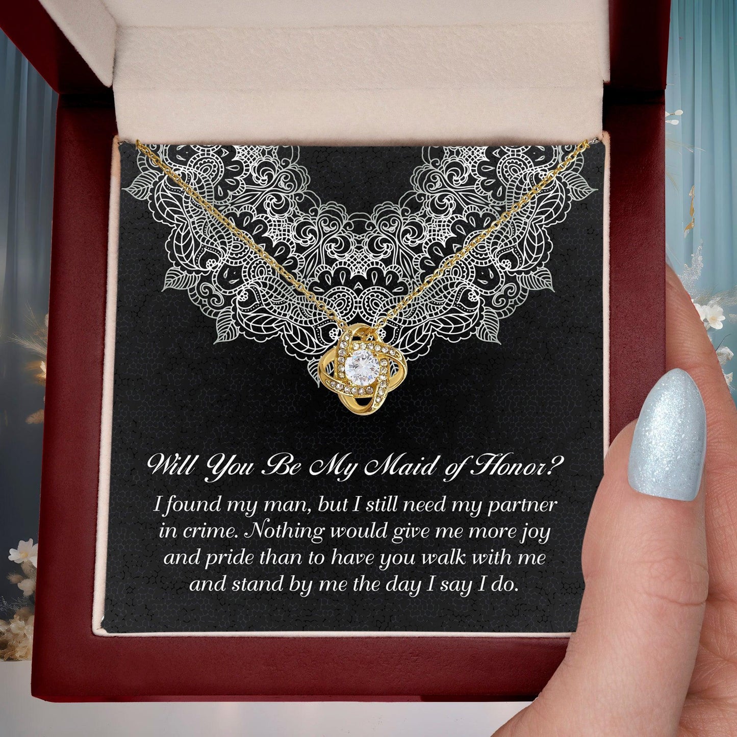 Maid of Honor Wedding Proposal Gift - Partner In Crime - Love Knot Pendant Necklace - Mallard Moon Gift Shop
