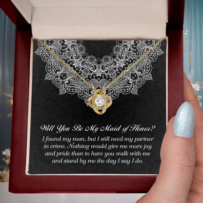 Maid of Honor Wedding Proposal Gift - Partner In Crime - Love Knot Pendant Necklace - Mallard Moon Gift Shop