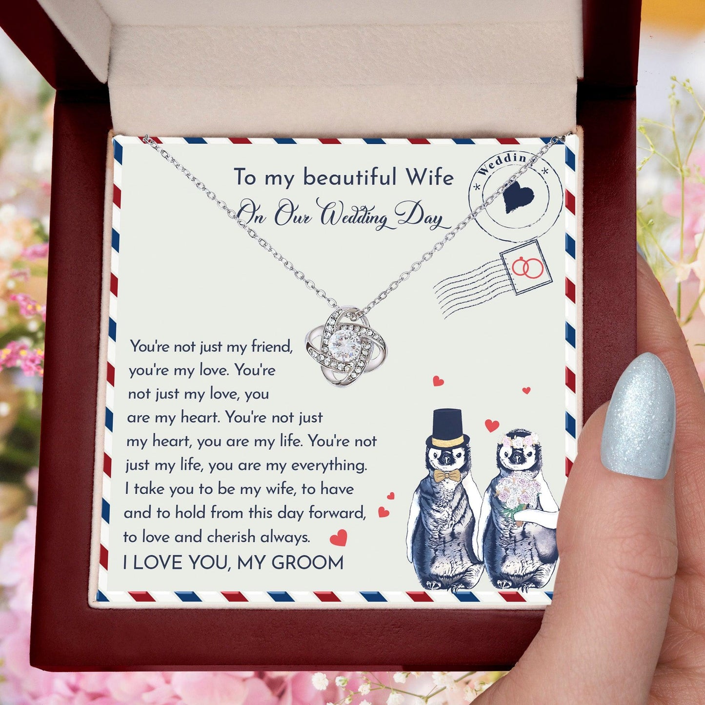 Wife Wedding Day Gift - I Will Love And Cherish Always Love Knot Pendant Necklace - Mallard Moon Gift Shop