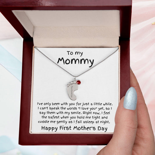 New Mom First Mother's Day Gift Baby Feet Engraved Charm Necklace with Birthstone - Mallard Moon Gift Shop